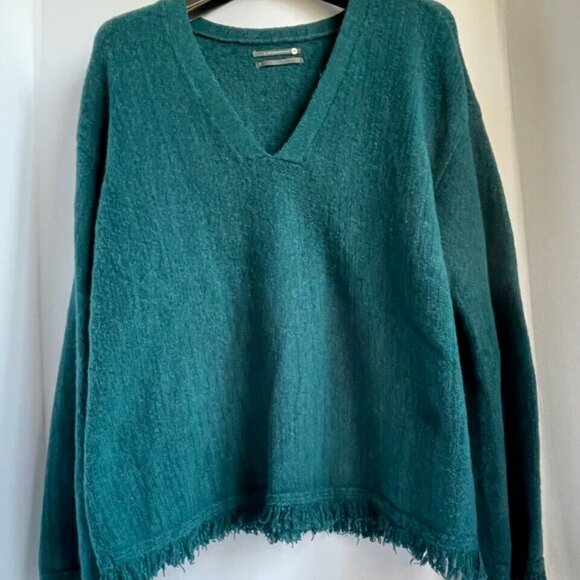 Anthropologie Wool Alpaca V-Neck Sweater Green Fringe Long Sleeve M - Picture 7 of 10